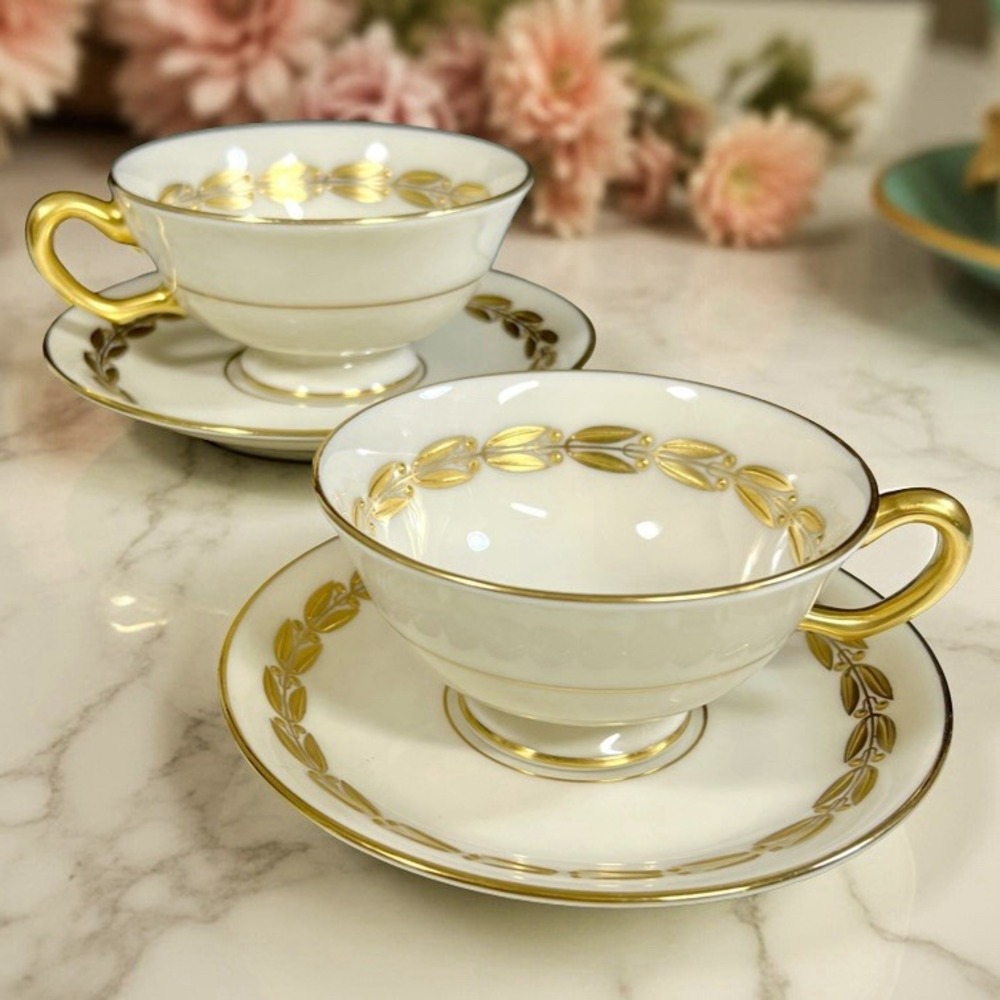 Vtg Lenox Antoinette Ivory Gold Footed Teacup & Saucer Set Pair Gold Laurel Trim